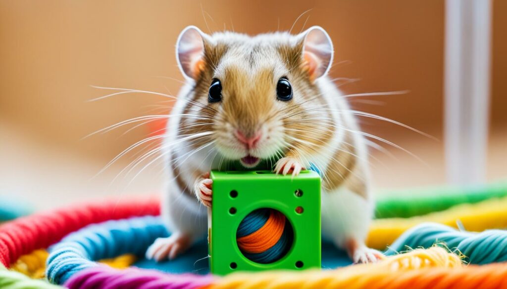 gerbil chewing on a safe wooden toy