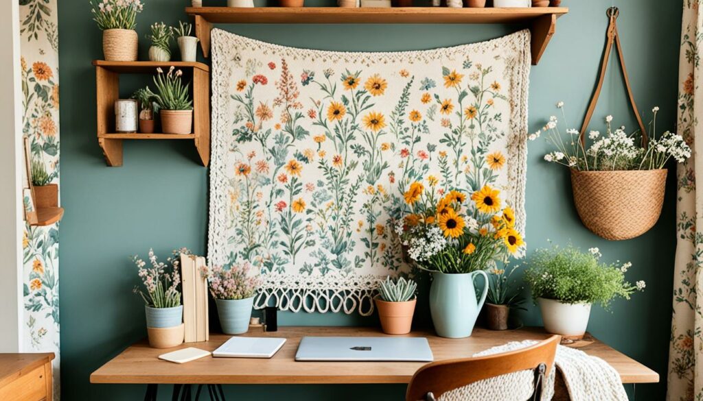 cottagecore art and textiles in home office decor