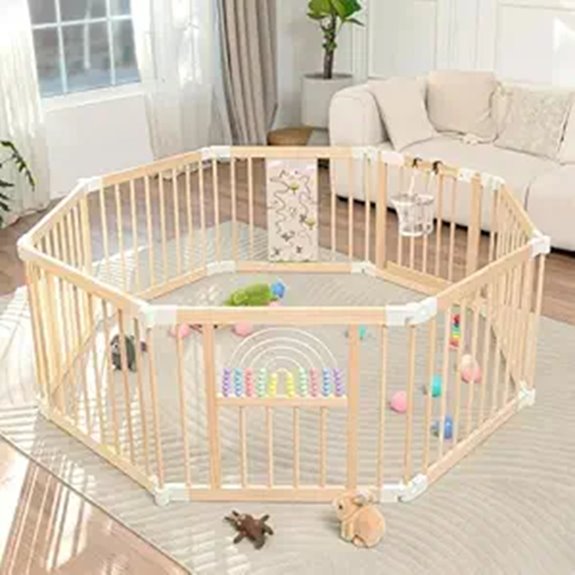 Foldable Wooden Baby Playpen with Gate and Adjustable Size