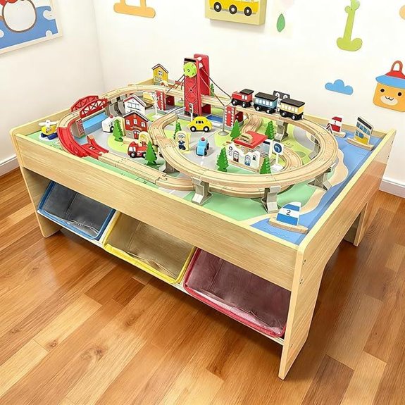 Wooden Train Set & Table with Storage Bins