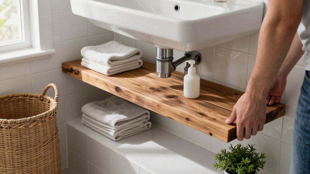 Hide Open Bathroom Shelves With One Piece Of Secondhand Wood