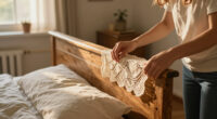 She Uses Doilies To Decorate A Headboard With Vintage Charm