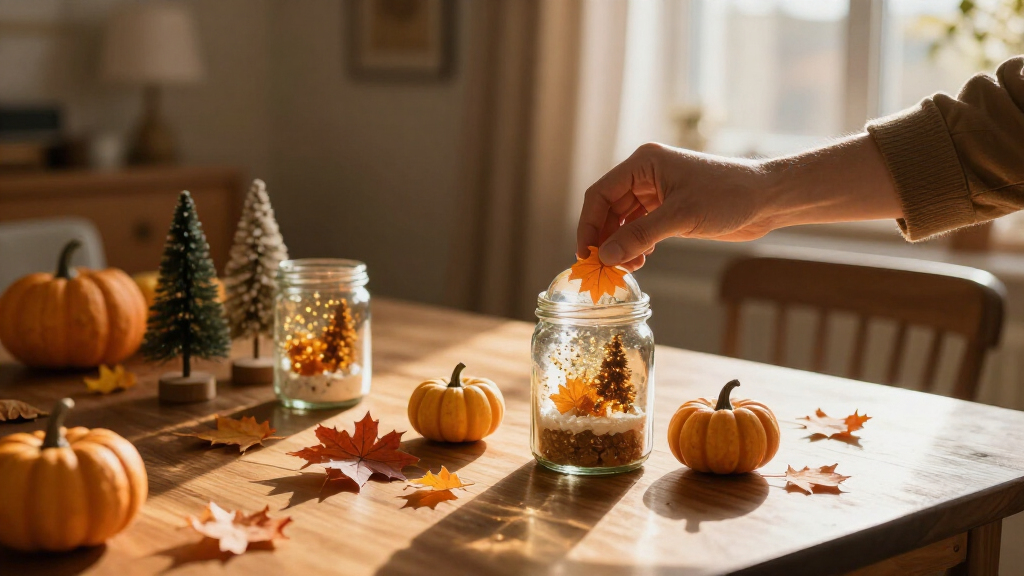 Transform Plain Glass Jars Into Fall-Inspired Snow Globes With A Whimsical DIY